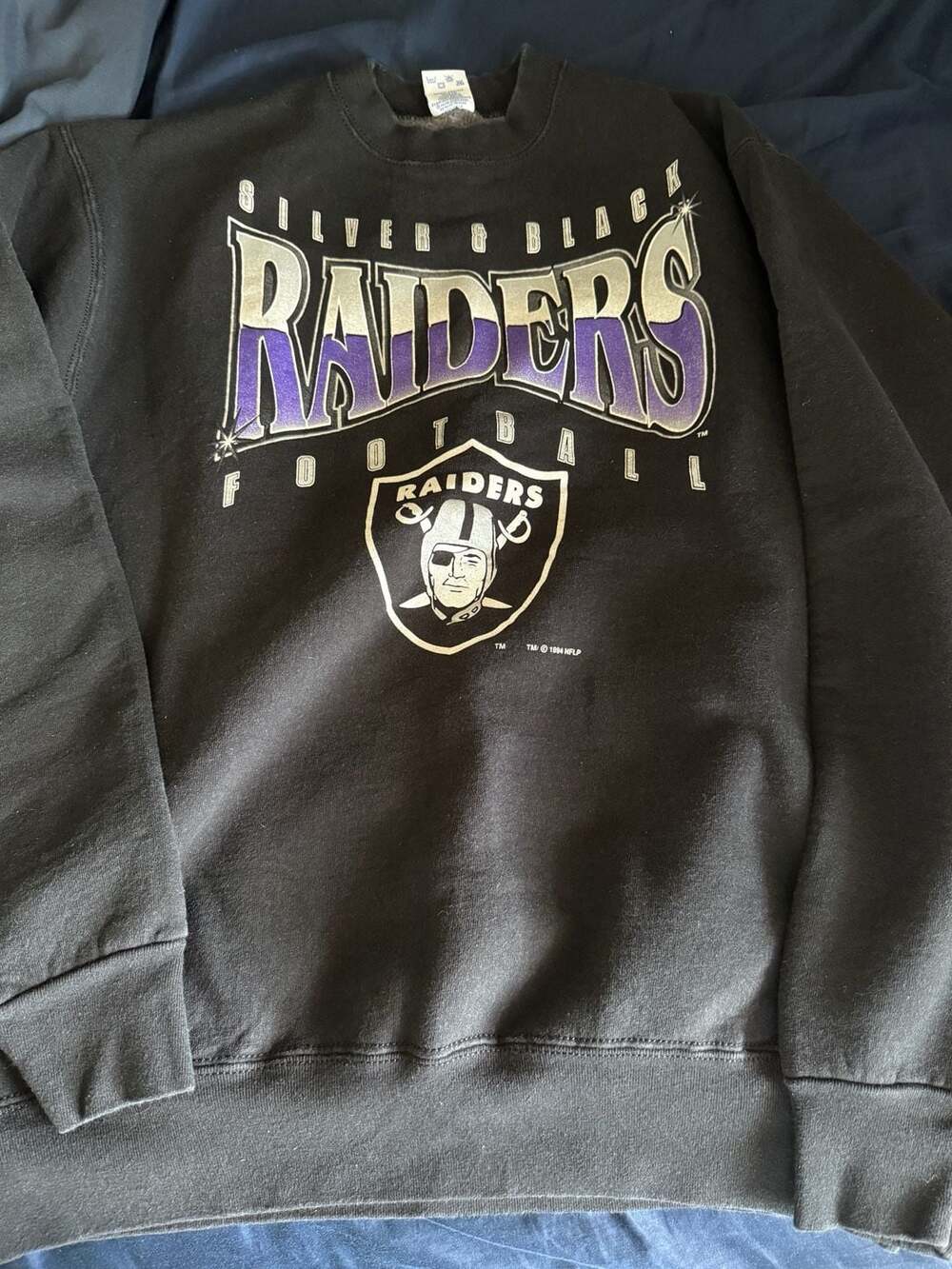 Vintage 1994 Salem Sportswear Silver & Black Raiders Football Sweatshirt XL